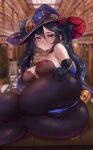  1girl ass ass_focus bangs black_hair blue_eyes blurry blurry_background blush breasts cameltoe closed_mouth covered_nipples detached_sleeves elbow_gloves from_behind genshin_impact gloves gradient_hair hair_between_eyes hat highres leotard library long_hair looking_at_viewer lying medium_breasts mona_(genshin_impact) multicolored_hair on_floor on_side pantyhose purple_hair pussy_juice solo sweatdrop tinnies twintails witch_hat 