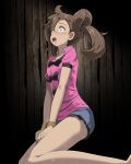  1girl bangs bare_legs black_bow blue_shorts blush bound bound_wrists bow brown_hair dark-skinned_female dark_skin green_eyes hair_between_eyes highres kneeling long_hair open_mouth pink_shirt pokemon pokemon_(game) pokemon_xy scared shauna_(pokemon) shiny shiny_hair shirt short_shorts short_sleeves shorts solo sweatdrop tsukishiro_saika twintails wooden_wall 