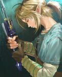  1boy absurdres arm_guards blonde_hair blue_tunic brown_gloves closed_eyes earrings fingerless_gloves gloves hair_between_eyes head_down highres holding holding_sword holding_weapon jewelry link long_sleeves low_ponytail male_focus medium_hair pointy_ears shirt short_ponytail short_sleeves sidelocks solo sword the_legend_of_zelda the_legend_of_zelda:_breath_of_the_wild upper_body weapon white_shirt yurian_(user_utch8788) 