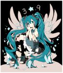  1girl 39 black_background black_bow black_footwear black_socks blue_eyes blue_hair blue_skirt blush bow buttons crystal frilled_skirt frills hatsune_miku head_on_hand head_tilt kneehighs limited_palette long_hair looking_at_viewer melanbread neck_ribbon own_hands_together ribbon shirt shoes short_sleeves sitting skirt socks solo sparkle star_(symbol) tareme twintails very_long_hair vocaloid white_shirt wings 