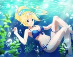  1girl alice_zuberg bare_arms bare_legs bikini blonde_hair blue_bikini blue_eyes bow braid braided_ponytail breasts bubble cleavage closed_mouth collarbone floating_hair front-tie_bikini front-tie_top game_cg groin hair_bow hair_intakes hairband long_hair medium_breasts navel ponytail side-tie_bikini smile solo swimsuit sword_art_online underwater white_bow white_hairband 