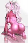  1girl alice_(genshin_impact) blush bodysuit breasts full_body goddess_of_victory:_nikke headset highres large_breasts latex long_hair looking_at_viewer looking_back pink_bodysuit rdy reflection sidelocks skin_tight smile soles solo twintails very_long_hair wavy_hair white_hair 