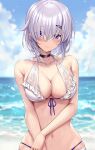  1girl bangs bare_arms bare_shoulders bikini black_choker blue_eyes blush breasts choker cleavage closed_mouth collarbone grey_hair hair_ornament hairclip highres large_breasts looking_at_viewer navel ocean original outdoors short_hair solo swimsuit water white_bikini xephyrks 