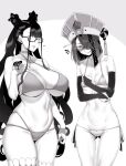  2girls anger_vein ass_visible_through_thighs bare_shoulders bikini black_swimsuit blush breast_curtain breasts bridal_gauntlets choker cleavage closed_eyes curvy embarrassed fate/grand_order fate_(series) glasses greyscale hair_ornament hair_over_one_eye hair_stick hair_up halterneck highleg highleg_swimsuit highres large_breasts medium_hair mole mole_under_eye monochrome multi-strapped_bikini multiple_girls murasaki_shikibu_(fate) murasaki_shikibu_(swimsuit_rider)_(fate) nakamura_regura navel side-tie_bikini small_breasts smile sweatdrop swimsuit tearing_up thighhighs underboob xu_fu_(fate) 