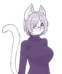  anthro big_breasts breasts clothed clothing domestic_cat eyebrow_through_hair eyebrows eyelashes eyewear felid feline felis female glasses hair hi_res inner_ear_fluff looking_at_viewer mammal scorpdk short_hair solo sweater topwear translucent translucent_hair tuft 