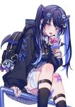  1girl :p backpack bag bandaid bandaid_on_knee bandaid_on_leg bangs black_hair black_hoodie black_socks blue_bow blue_hair blue_nails blue_ribbon bow breasts buckle colored_inner_hair cross cross_necklace crossed_legs demon_wings dot_nose double_scoop ear_piercing food frilled_shirt_collar frills hair_ornament heart highres holding holding_food hood hood_down hoodie ice_cream ice_cream_cone jewelry jirai_kei keychain kirby light_blush long_hair looking_to_the_side meta_knight moon_(ornament) multicolored_hair nail_polish necklace original parted_lips piercing purple_eyes purple_theme railing ribbon ribbon-trimmed_sleeves ribbon_trim safety_pin simple_background sitting small_breasts socks solo star_(symbol) star_in_eye strap suzaku_(zaku6584) symbol_in_eye tongue tongue_out twintails two-tone_hair white_background wings zipper zipper_pull_tab 