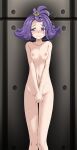  1girl acerola_(pokemon) against_wall blush breast_squeeze breasts clenched_teeth collarbone completely_nude covering covering_crotch highres long_hair looking_away nail_polish navel nipples nude pink_nails pokemon pokemon_(game) pokemon_sm purple_eyes purple_hair shiny shiny_hair small_breasts solo standing tears teeth thigh_gap tsukishiro_saika 