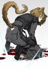  1girl absurdres animal_ears blood_on_ground brown_hair cat_ears cat_tail full_body hair_strand highres kneeling looking_back original short_hair solo tactical_clothes tail tail_through_clothes white_background yanghua_gaizi 