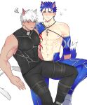  2boys abs animal_ears archer_(fate) archernuna armor bara biceps blue_hair blush bodysuit cat_ears cat_tail compression_shirt cu_chulainn_(fate) dark-skinned_male dark_skin ear_piercing earrings elbow_gloves fang fate/grand_order fate/stay_night fate_(series) feet_out_of_frame gloves highres jewelry leather leather_belt looking_at_viewer lying male_focus manly mature_male multiple_boys muscular muscular_male nipples on_back pants pectorals piercing red_eyes short_hair shoulder_pads simple_background spandex spiked_hair stud_earrings sweat sweatdrop tail tight white_background white_hair 