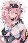  1girl animal_ears arknights black_choker black_hairband blue_ribbon braid braided_ponytail breasts cat_ears cat_girl choker closed_eyes covered_nipples goldenglow_(arknights) hair_ribbon hairband highres lactation lactation_through_clothes large_breasts long_hair mikozin pink_hair ribbon shirt solo spoken_blush white_shirt 