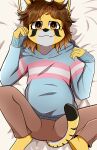  absurd_res andromorph anthro bed brown_eyes claws clothing cristhi felid feline fur furniture hi_res intersex lgbt_pride mammal serval solo sweater topwear trans_(lore) yellow_body yellow_fur yukki_kuyo 