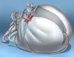  air_inflation anthro belly bicycle_pump big_belly blue_background blue_eyes bryan-gab canid canine canis darksidesf domestic_dog foot_pump fur grey_body grey_fur hair half-closed_eyes hose_in_mouth hose_in_navel hose_inflation husky hyper hyper_belly inflation inflation-ception leaning_on_belly male mammal narrowed_eyes navel_fetish navel_penetration nordic_sled_dog penetration pink_inner_ear simple_background solo spitz standing white_hair 