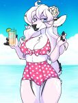  2019 alcohol anthro beverage biped blue_eyes breasts cervid cleavage clothed clothing cloud cocktail cocktail_garnish digital_media_(artwork) female fur hair hi_res holding_beverage holding_object ice_cube lime_slice looking_at_viewer mammal outside pattern_clothing pattern_swimwear pink_body pink_clothing pink_fur pink_hair pink_swimwear pinku_shika sea shaded sky solo spots spotted_clothing spotted_swimwear swimwear water zyira 