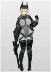  1girl absurdres artist_name bangs black_footwear black_gloves black_headwear black_jacket blonde_hair blue_eyes blue_necktie bodysuit boots breasts closed_mouth full_body girls&#039;_frontline girls&#039;_frontline_2:_exilium gloves gun harness headset highres holding holding_gun holding_weapon jacket large_breasts looking_at_viewer necktie open_clothes open_jacket rifle short_hair sniper_rifle solo standing sutekina_awa thigh_boots visor_cap vsk-94 vsk-94_(girls&#039;_frontline) weapon white_background white_bodysuit 