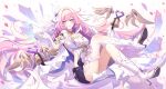  1girl :d armored_boots bangs bare_shoulders boots closed_mouth dress elysia_(herrscher_of_human:ego) elysia_(honkai_impact) full_body gloves gou_lianlian_dogface grin hair_ornament highres honkai_(series) honkai_impact_3rd looking_at_viewer petals pink_eyes pink_hair sleeveless sleeveless_dress smile solo strapless strapless_dress teeth thighs white_background white_dress white_gloves 