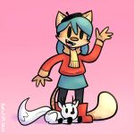  1:1 ambiguous_gender anthro beret black_eyes boots bottomwear canid canine cervid cheek_tuft clothing cosplay deerfox_(hilda) domestic_cat facial_tuft fangs felid feline felis feral footwear fox fur gesture hat headgear headwear hilda_(hilda) hilda_(series) hybrid leggings legwear long_tail looking_at_viewer mammal open_mouth open_smile pink_background plushie rafvicalv scarf shaded simple_background simple_eyes skirt smile smiling_at_viewer sweater tan_body tan_fur topwear tuft twig_(hilda) waving waving_at_viewer young 