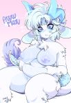  2019 anthro areola artist_name ashiji ashiji_(character) big_breasts biped blue_eyes blue_hair breasts chest_tuft chubby_anthro chubby_female dated digital_media_(artwork) dragon english_text eyelashes female fur furred_dragon gradient_background hair hi_res holding_belly horn nipples nude shaded simple_background sitting solo tail_mane text tuft 