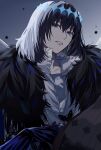 1boy alternate_hair_color arthropod_boy bangs black_butterfly black_hair blue_eyes bug butterfly cloak collared_shirt commentary crown dark_persona diamond_hairband expressionless fate/grand_order fate_(series) fur-trimmed_cloak fur_collar fur_trim highres insect_wings long_sleeves looking_at_viewer male_focus medium_hair oberon_(fate) oberon_(third_ascension)_(fate) official_alternate_costume oyasumi_dm shirt solo upper_body white_shirt wings 