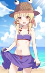  1girl bare_arms bare_legs bare_shoulders beach bikini blonde_hair blush brown_headwear collarbone cowboy_shot day e.o. hair_ribbon hat highres moriya_suwako navel ocean open_mouth purple_bikini purple_sarong red_ribbon ribbon sarong short_hair smile solo swimsuit touhou tress_ribbon yellow_eyes 