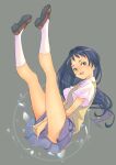  1girl :d awatsuki_maaya between_legs black_hair blue_eyes brown_footwear collared_shirt floating_hair from_side full_body grey_background hair_intakes hand_between_legs jj_(ssspulse) kneehighs legs_up loafers long_hair looking_at_viewer miniskirt open_mouth pleated_skirt purple_skirt school_uniform shiny shiny_hair shirt shoes short_sleeves skirt skirt_tug smile socks solo toaru_kagaku_no_railgun toaru_majutsu_no_index tokiwadai_school_uniform very_long_hair vest white_shirt wing_collar yellow_vest 