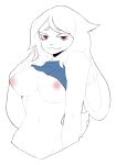  anthro areola breasts clothed clothing clothing_lift female fur hair hi_res lagomorph long_ears looking_at_viewer mammal navel nipples pink_eyes simple_background smile solo tagme topwear topwear_lift unknown_artist white_background white_body white_fur 