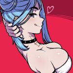  :q akairiot black_choker blue_eyes blue_hair blue_nails blush body_writing breasts choker cleavage closed_mouth from_side hair_bun heart highres large_breasts long_hair looking_at_viewer looking_to_the_side nail_polish original red_background simple_background single_hair_bun single_side_bun smile strapless teeth tongue tongue_out tube_top upper_teeth 