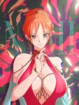  1girl absurdres bracelet braid breasts chain_necklace cleavage dress earrings gem gown hair_ornament highres jewelry large_breasts nail_polish nami_(one_piece) necklace one_piece opalisart orange_hair red_dress ring shawl side_braid 