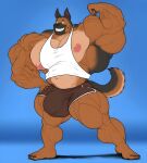  absurd_res anthro bulge canid canine canis clothing domestic_dog edit hi_res hyper looking_at_viewer male mammal muscular pose regnar smile solo 