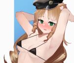  1girl animal_ear_fluff animal_ears ao_oni_(onioni-aoi) arknights armpits arms_up bikini black_headwear blue_background blush breasts brown_hair cleavage fang green_eyes hat highres long_hair looking_at_viewer medium_breasts micro_bikini nose_blush open_mouth ringlets solo swimsuit swire_(arknights) tiger_ears two-tone_background underboob upper_body very_long_hair white_background 