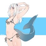  1girl animal_print armpits arms_up bikini blue_background blue_eyes blue_hair breasts closed_mouth cow_print cowboy_shot fish_tail front-tie_bikini front-tie_top gawr_gura grey_hair highres hololive hololive_english long_hair looking_at_viewer multicolored_hair navel shark_tail side-tie_bikini small_breasts solo streaked_hair swimsuit tail tilt-shift two-tone_background virtual_youtuber white_background 