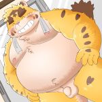  2022 anthro balls belly big_belly blush eyes_closed felid flaccid genitals hi_res humanoid_genitalia humanoid_hands humanoid_penis kemono male mammal moobs navel nipples overweight overweight_male pantherine penis puss3250 solo tiger towel towel_around_neck 