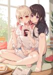  2girls absurdres ahoge barefoot behind_another black_hair blonde_hair book book_stack crossed_ankles cup drinking_glass drinking_straw egg_(food) food fruit full_body hand_up highres hokori_sakuni holding holding_cup hug hug_from_behind indian_style indoors inoue_takina legs long_hair looking_at_viewer lycoris_recoil multiple_girls nishikigi_chisato on_floor pajamas purple_eyes red_eyes short_hair short_twintails sitting soda thighs toast toes twintails w watermelon yuri 