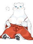  anthro areola biped blue_eyes blush bodily_fluids breasts clothed clothing female hi_res kame_3 mammal nipples pawpads paws polar_bear simple_background sitting smile solo solo_focus sweat sweatdrop ursid ursine white_background white_body 