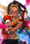  1girl arm_wrap black_hair bow crop_top dark-skinned_female dark_skin dreadlocks earphones fingerless_gloves gloves hair_bow hungry_clicker kimberly_(street_fighter) looking_at_viewer muscular muscular_female scarf smile solo spray_can street_fighter street_fighter_6 toned upper_body 