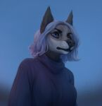  2020 anthro black_eyebrows black_lips black_nose blue_clothing blue_eyes blue_hair blue_topwear canid clothing dated eyebrows female fur glistening glistening_eyes grey_body grey_ears grey_fur hair hi_res lips lostgoose mammal simple_background solo topwear wavy_hair whiskers 