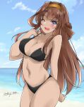  1girl ahoge alternate_costume beach blue_sky breasts brown_hair cleavage cloud cowboy_shot day double_bun gakky gold_hairband hair_bun hairband horizon kantai_collection kongou_(kancolle) large_breasts long_hair looking_at_viewer ocean one-hour_drawing_challenge one_eye_closed outdoors purple_eyes sky solo standing 