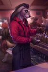  2021 2:3 artist_logo bar bartender black_bottomwear black_clothing black_hair black_topwear blurred_background bottomwear bovid brown_bottomwear brown_clothing brown_pants canid canine clothing detailed_background female fennec floppy_ears fox fur group hair hi_res lagomorph leporid logo long_ears lostgoose male male_focus mammal pants rabbit red_clothing red_topwear smile solo_focus tan_body tan_fur teeth topwear 