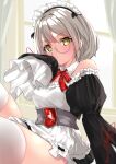  1girl azur_lane bare_shoulders breasts detached_collar dress enterprise_(hms)_(azur_lane) glasses highres long_sleeves looking_at_viewer maid maid_headdress off-shoulder_dress off_shoulder red_ribbon ribbon round_eyewear ryoutsu short_hair sleeves_past_fingers sleeves_past_wrists small_breasts solo thighhighs thighs white_thighhighs yellow_eyes 