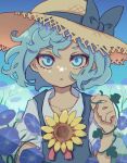  1girl absurdres blue_dress blue_eyes blue_flower blue_hair cirno dress fairy flower hat highres ice ice_wings kame_(kamepan44231) morning_glory parted_lips shirt short_hair short_sleeves solo straw_hat sun_hat sunflower tanned_cirno touhou upper_body white_shirt wings yellow_flower 