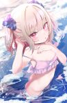  1girl absurdres ass bangs bikini bikini_removed blonde_hair blush bottomless breasts highres looking_at_viewer makaino_ririmu navel nijisanji ocean parted_lips pink_eyes pink_hair pointy_ears purple_bikini short_hair small_breasts solo swimsuit utsusumi_kio virtual_youtuber wading 