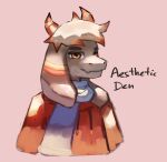  aestheticden anthro blue_scarf bovid bust_portrait caprine clothing fangs floppy_ears fur goat grey_body grey_fur gusta_(gusta) hair hoodie horn male mammal orange_clothing orange_eyes orange_hoodie orange_horn orange_stripes orange_topwear portrait scarf solo stripes topwear 