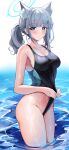  1girl absurdres animal_ear_fluff animal_ears bangs bare_arms bare_shoulders black_swimsuit blue_archive blue_eyes blush breasts cleavage closed_mouth clothes_lift competition_swimsuit cowboy_shot earrings extra_ears grey_hair groin hair_ornament halo highres jewelry large_breasts lifted_by_self long_hair looking_at_viewer mismatched_pupils navel one-piece_swimsuit sak_(lemondisk) shiroko_(blue_archive) shiroko_(swimsuit)_(blue_archive) sidelocks solo standing swimsuit swimsuit_lift wading water wet white_background x_hair_ornament 