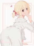  1girl anho ass bent_over blonde_hair breasts closed_mouth copyright_name frilled_shirt frills heart looking_at_viewer looking_back lycoris_recoil nishikigi_chisato pajamas pants pantylines red_eyes shirt short_twintails sleepwear smile solo twintails v v_over_mouth white_pants white_shirt 
