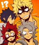  !? 4boys amajiki_tamaki black_hair blonde_hair boku_no_hero_academia closed_mouth commentary_request fat_gum_(boku_no_hero_academia) grey_hair hair_between_eyes highres hood hood_down hooded_jacket jacket kirishima_eijirou looking_at_viewer looking_to_the_side male_focus monu multiple_boys open_mouth orange_background red_eyes red_hair short_hair signature simple_background spiked_hair tetsutetsu_tetsutetsu upper_body yellow_eyes yellow_jacket 