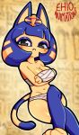  animal_crossing ankha_(animal_crossing) anthro bandage blurred_background breasts cleavage clothed clothing crossed_arms crossed_legs domestic_cat egyptian_clothing ehioanimations felid feline felis female frown looking_at_viewer mammal nintendo solo video_games wraps 