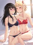  2girls absurdres bed black_bra black_hair black_panties blonde_hair bob_cut bra breasts collarbone hair_ribbon hands_on_bed highres inoue_takina long_hair lycoris_recoil mistraia multiple_girls navel nishikigi_chisato panties purple_eyes ribbon sitting stomach thighs underwear window window_shade yellow_eyes yuri 