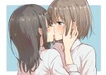  2girls absurdres bangs betock brown_hair closed_eyes commentary_request eyelashes french_kiss grey_eyes half-closed_eyes hand_on_another&#039;s_cheek hand_on_another&#039;s_face highres kiss light_brown_hair long_hair long_sleeves medium_hair multiple_girls original shirt sweatdrop white_shirt yuri 