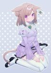  1girl animal_ears avatar_(ff14) cat_ears cat_girl cat_tail dress ears_down final_fantasy final_fantasy_xiv frown full_body funa_(sakana) highres light_brown_hair long_sleeves looking_at_viewer medium_hair miqo&#039;te pleated_dress pleated_sleeves purple_dress purple_eyes sitting slit_pupils squiggle tail thighhighs wariza white_thighhighs 