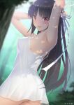  1girl alternate_costume ass azuki-iro black_hair breasts dress hair_ribbon highres hime_cut hiyou_(kancolle) kantai_collection long_hair medium_breasts red_eyes ribbon short_dress sleeveless sleeveless_dress solo sundress white_dress white_ribbon 