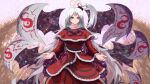  1girl absurdres black_ribbon breasts capelet constellation demon_wings dress english_commentary grey_eyes grey_hair hair_bobbles hair_ornament highres layered_dress long_hair long_sleeves looking_at_viewer medium_breasts multiple_wings neck_ribbon nukekip parted_lips pixel_art purple_ribbon red_capelet red_dress ribbon shinki_(touhou) shiny shiny_hair side_ponytail solo touhou touhou_(pc-98) very_long_hair wide_sleeves wings 